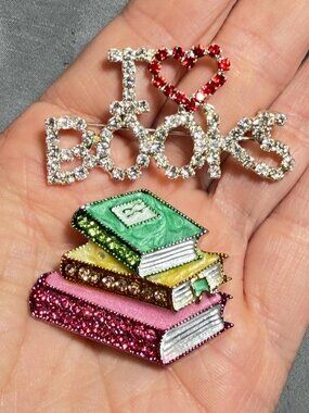Book Lover Brooch Set Rhinestone I Love Books Stack Pendant Teacher